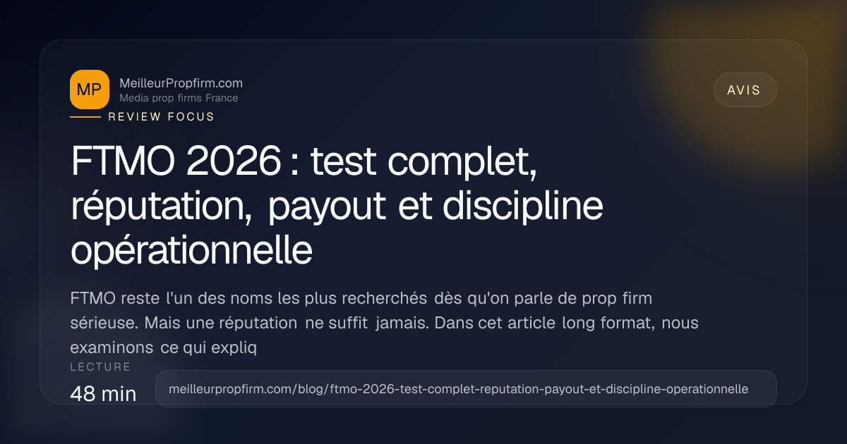 Illustration de couverture pour FTMO 2026 : test complet, réputation, payout et discipline opérationnelle