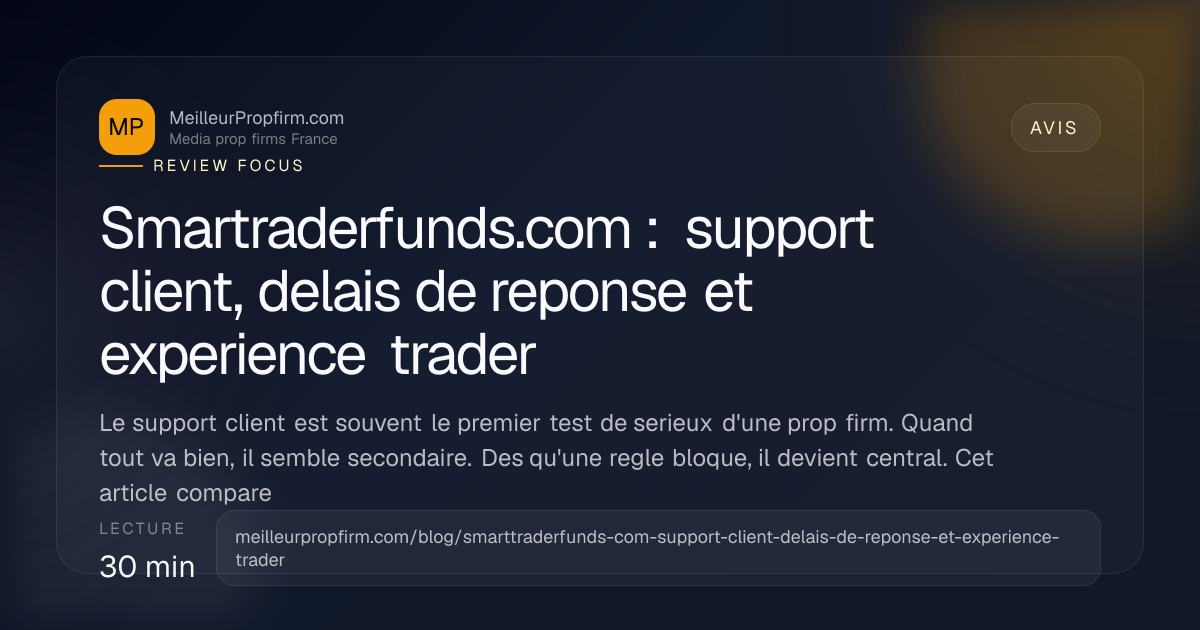 Illustration de couverture pour Smartraderfunds.com : support client, delais de reponse et experience trader